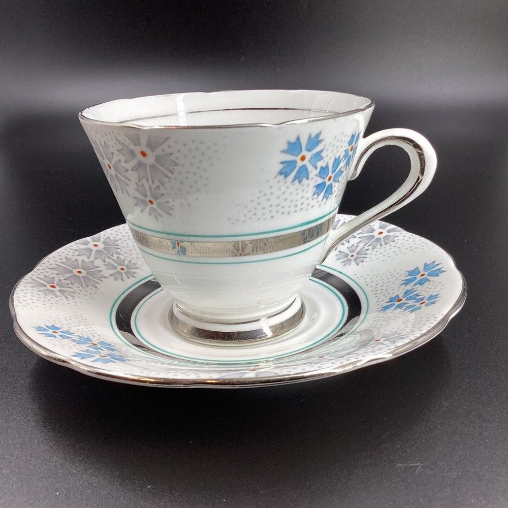 Vintage Tuscan Fine English Bone China Blue Silver Flower Snowflake Cup Saucer